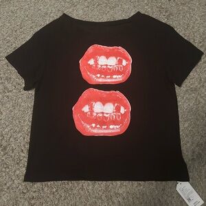 Black T-Shirt with Red Lips and Grillz Graphic Bardot Collar
